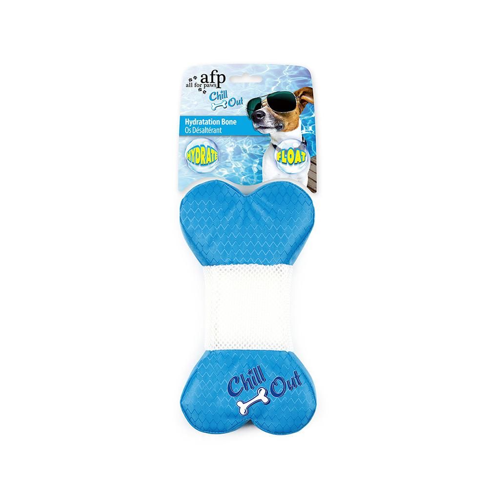 All For Paws Chill Out Hydration Bone, blue and white, with dog in sunglasses on packaging.