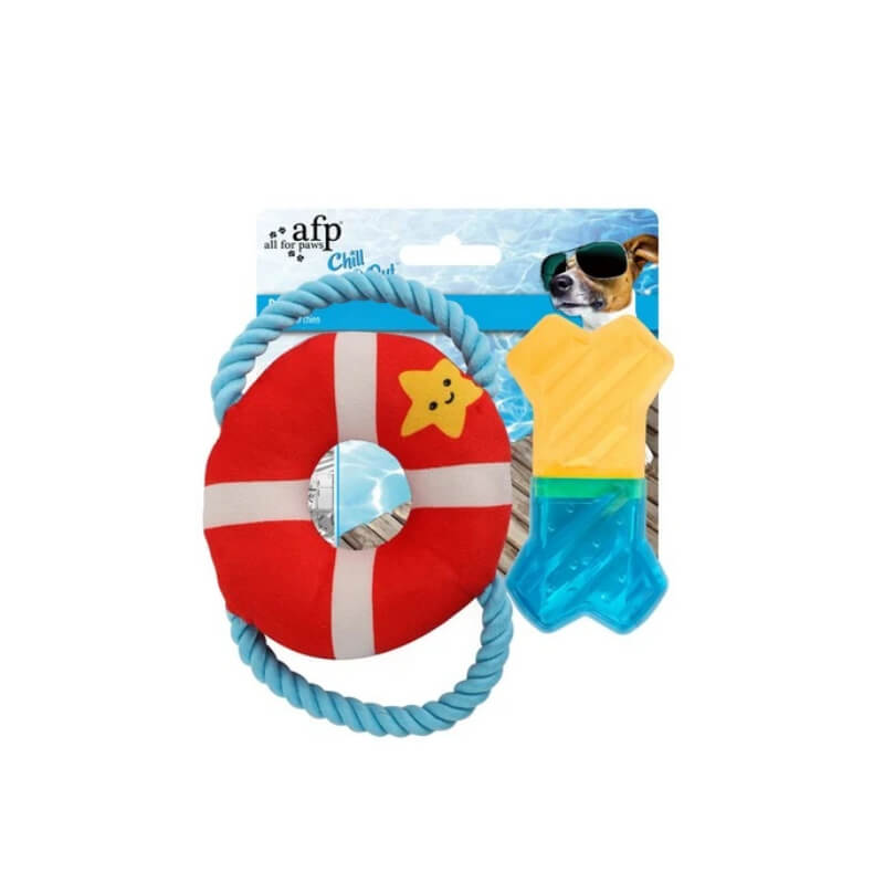 All For Paws Chill Out Bark Watch Set: red ring, blue rope, yellow fish chew toy.