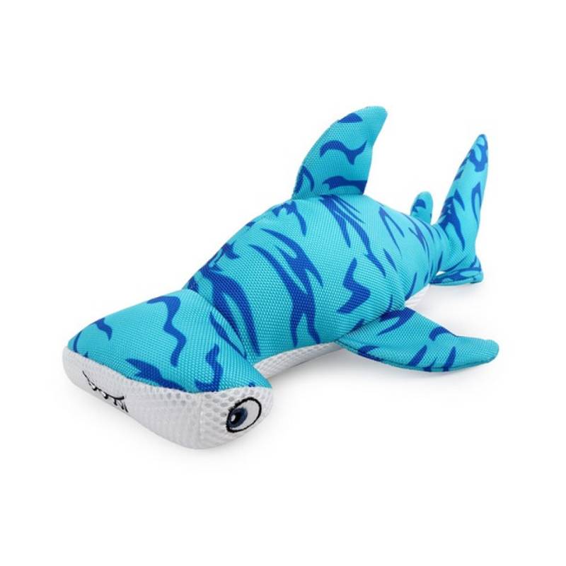 All for Paws Chill Out Hammerhead Shark plush dog toy with blue stripes and a white snout.