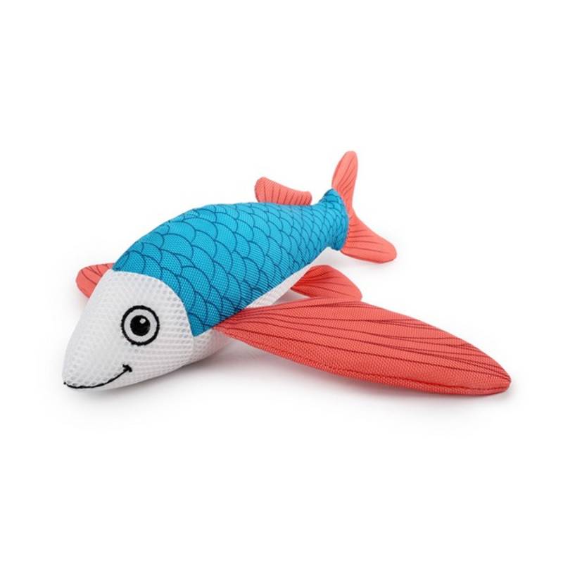 All for Paws Chill Out Flying Fish: plush dog cooling toy with blue scales and red fins.