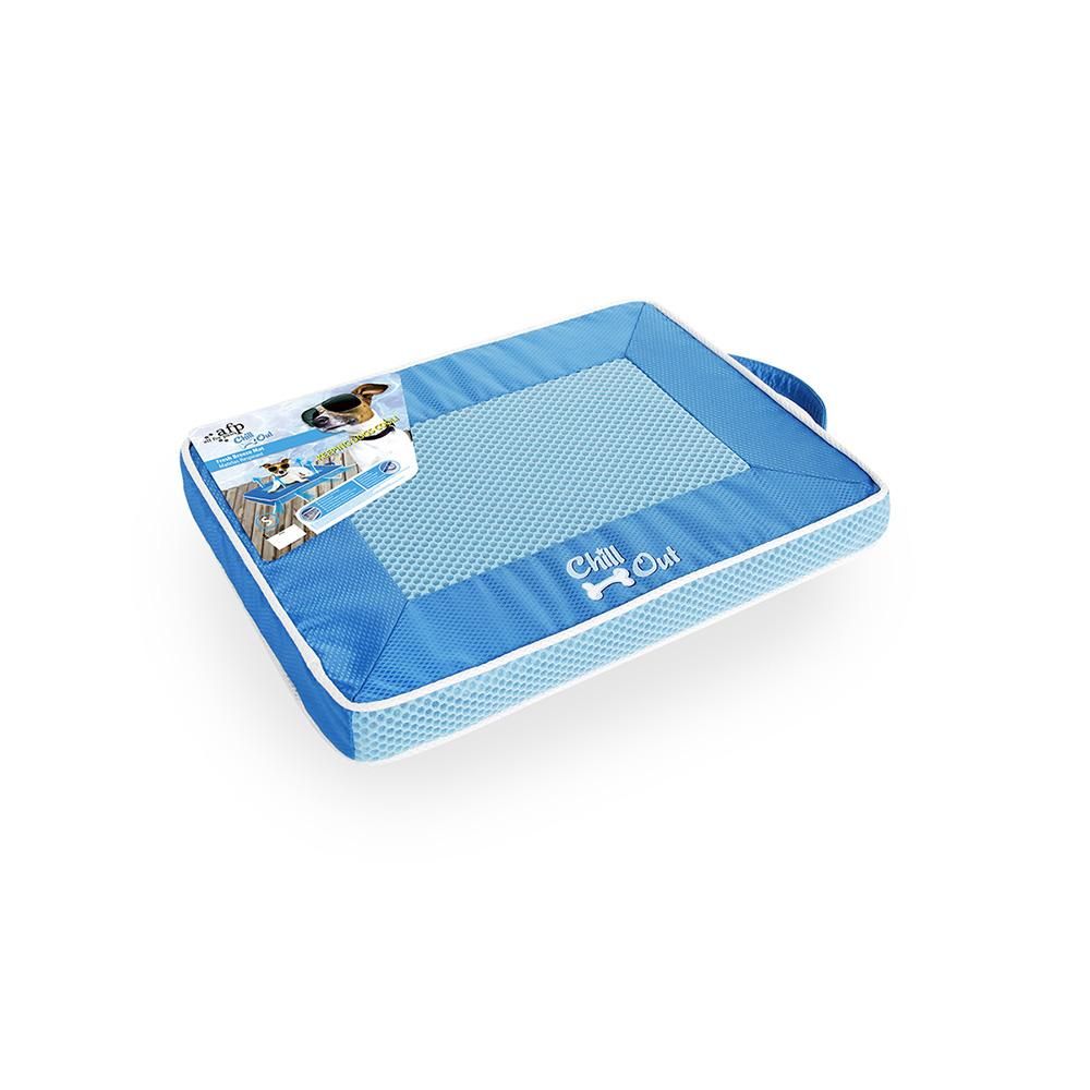 All For Paws Chill Out Fresh Breeze Mat: blue, rectangular, with bone graphic and handle.