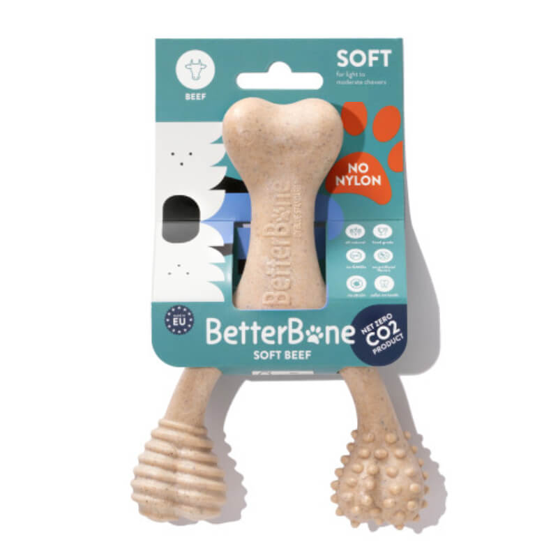 Betterbone Soft Beef Mini dental toy for dogs with ribbed, textured ends in package.