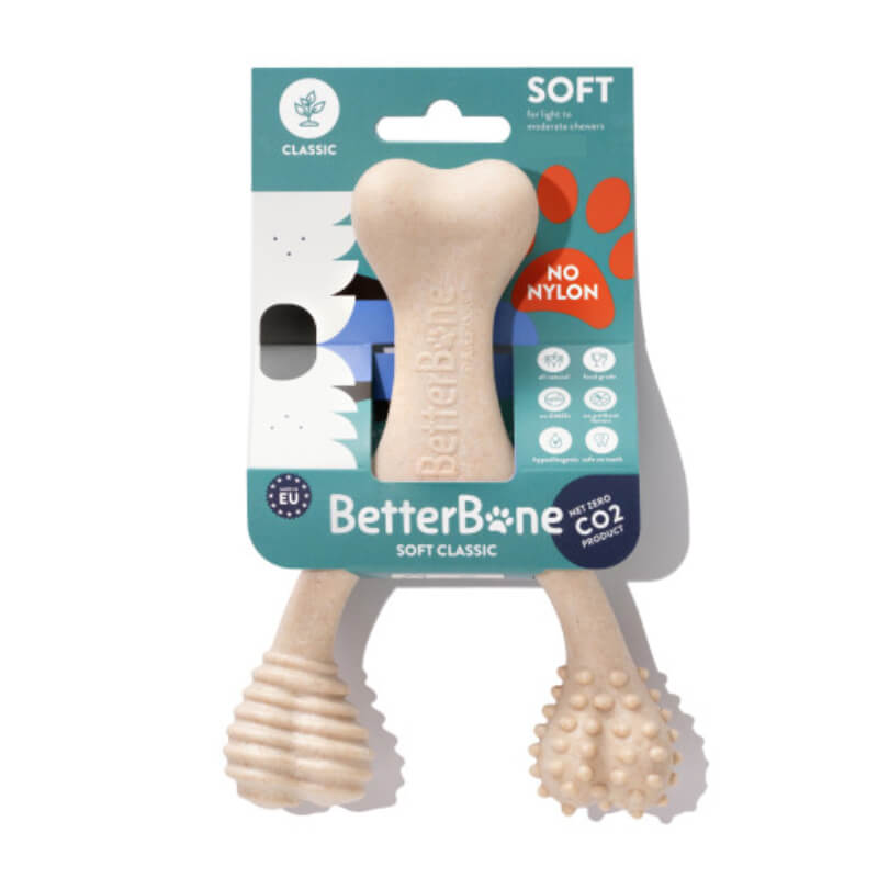 Betterbone Soft Classic Mini natural dog chew toy with two textured ends in retail packaging.