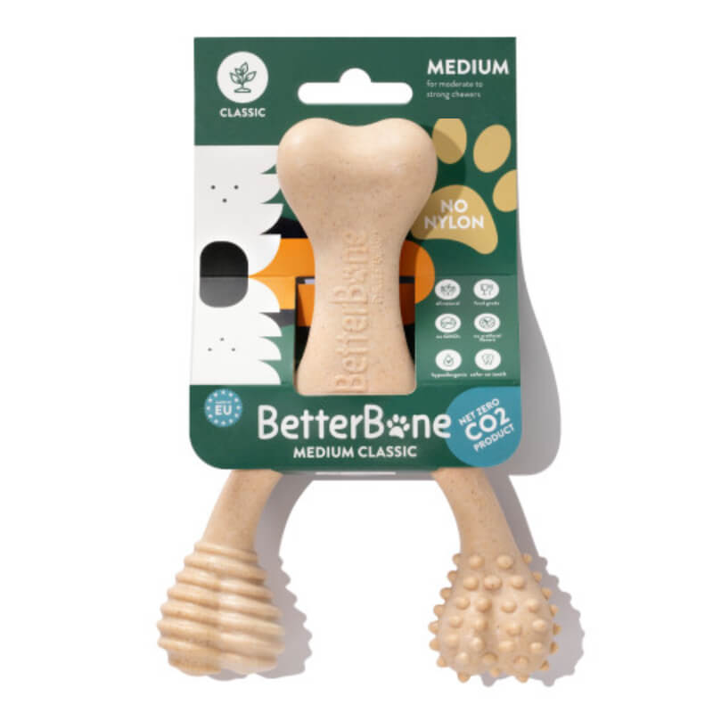 Betterbone Medium Classic Mini hypoallergenic dog chew in eco-friendly, bone-shaped packaging.