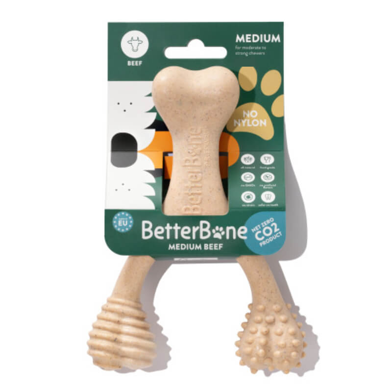 Betterbone Medium Beef Small chew toy with textured, splinter-resistant ends for dental health.
