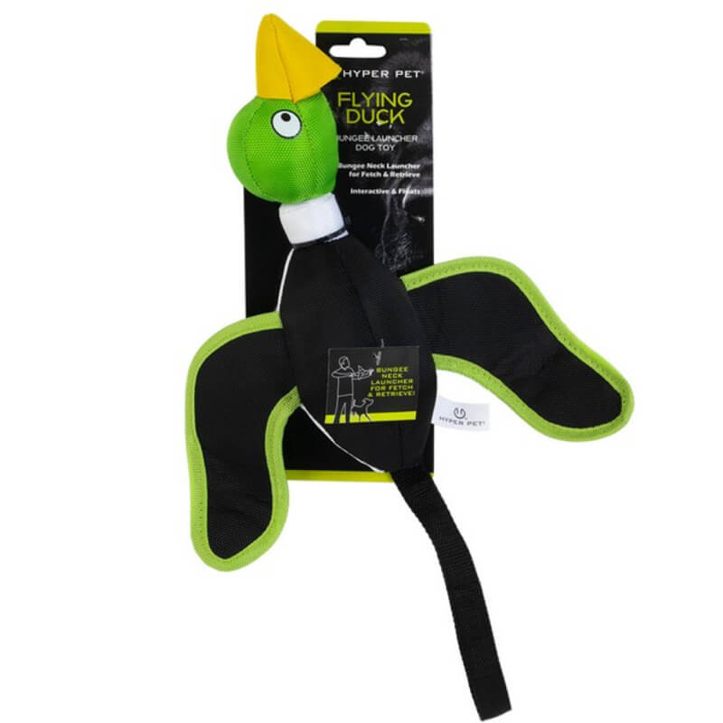 Durable ballistic slingshot toy with squeaker—Hyper Pet Flying Duck Green.