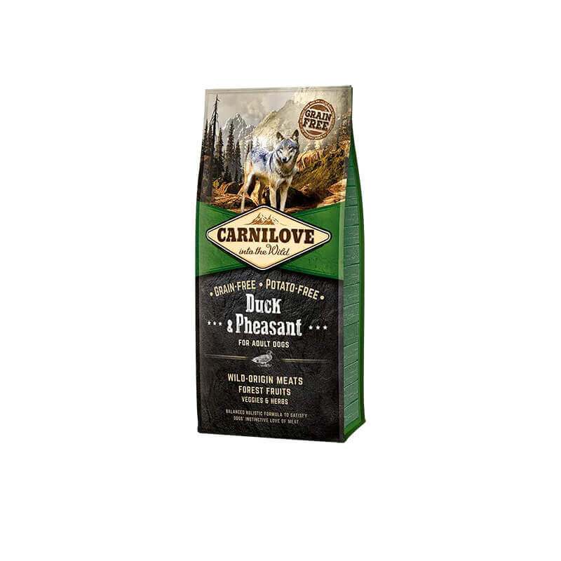 Carnilove Duck &amp; Pheasant Adult Dog Dry Food in a wolf and forest-themed bag.