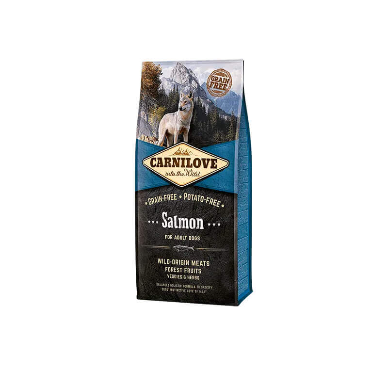 Carnilove Salmon Adult Dog Dry Food, grain-free with wolf and mountain design on pack.