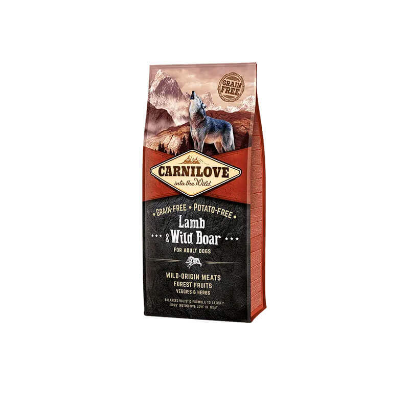 Carnilove Lamb &amp; Wild Boar Adult Dog Food in wolf and mountain-themed packaging.