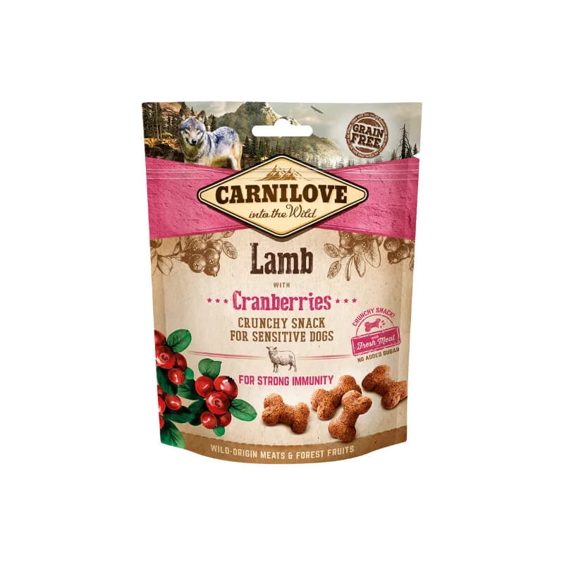 Carnilove Lamb with Cranberries Crunchy Dog Treats 200g for sensitive dogs in pink and beige pack.