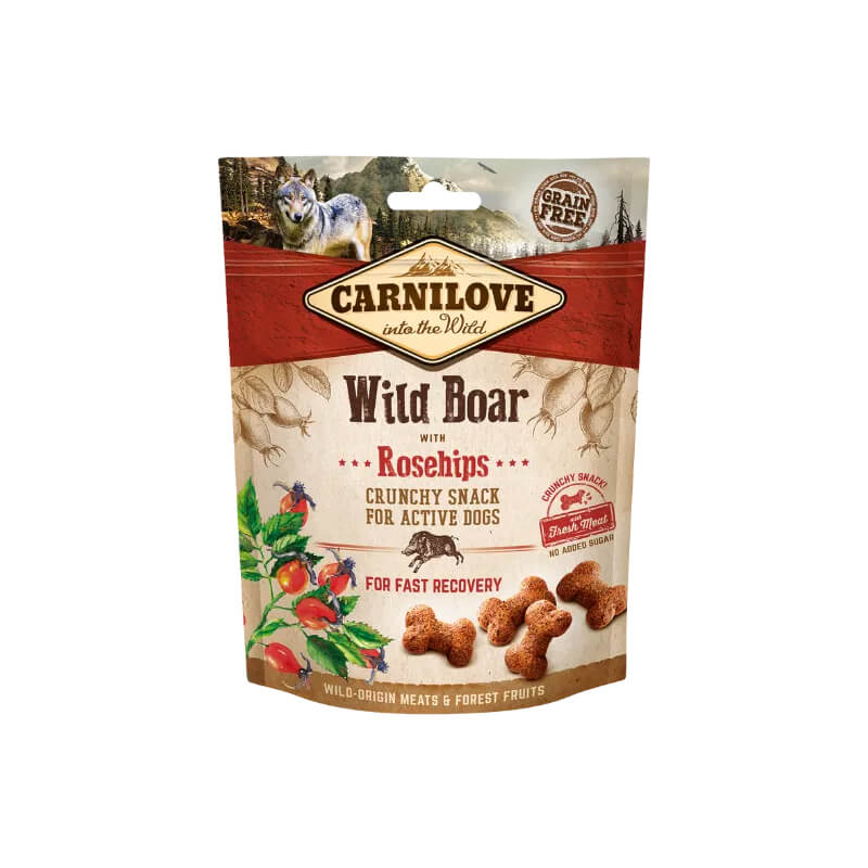 Carnilove Wild Boar with Rosehips Crunchy Dog Treats 200g bag, featuring wolves and rosehips.