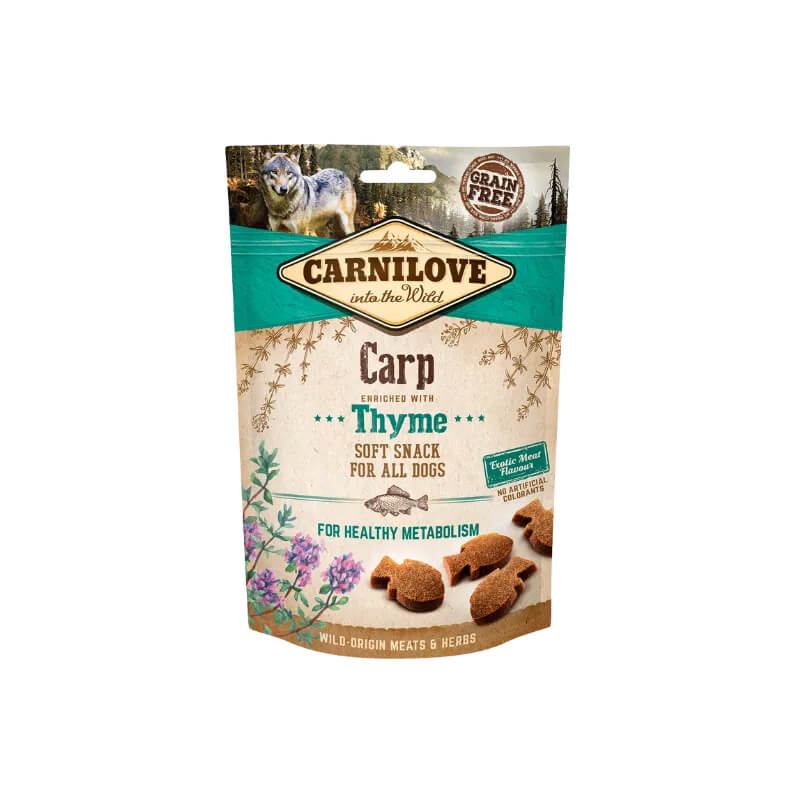 Carnilove Carp with Thyme Soft Dog Treats 200g, grain free in a resealable pouch.