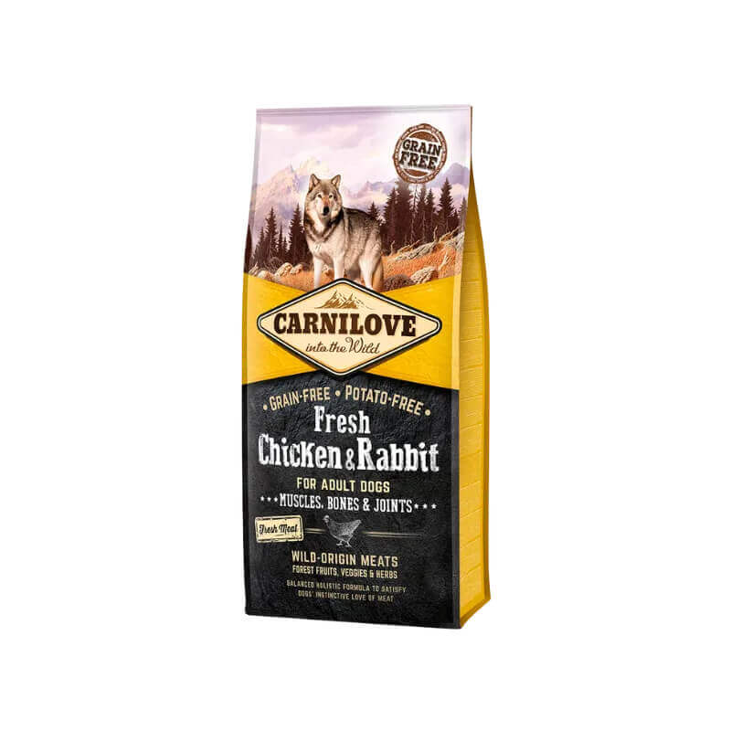 Carnilove Fresh Chicken &amp; Rabbit Adult Dog Dry Food, with a wolf and mountain on the pack.