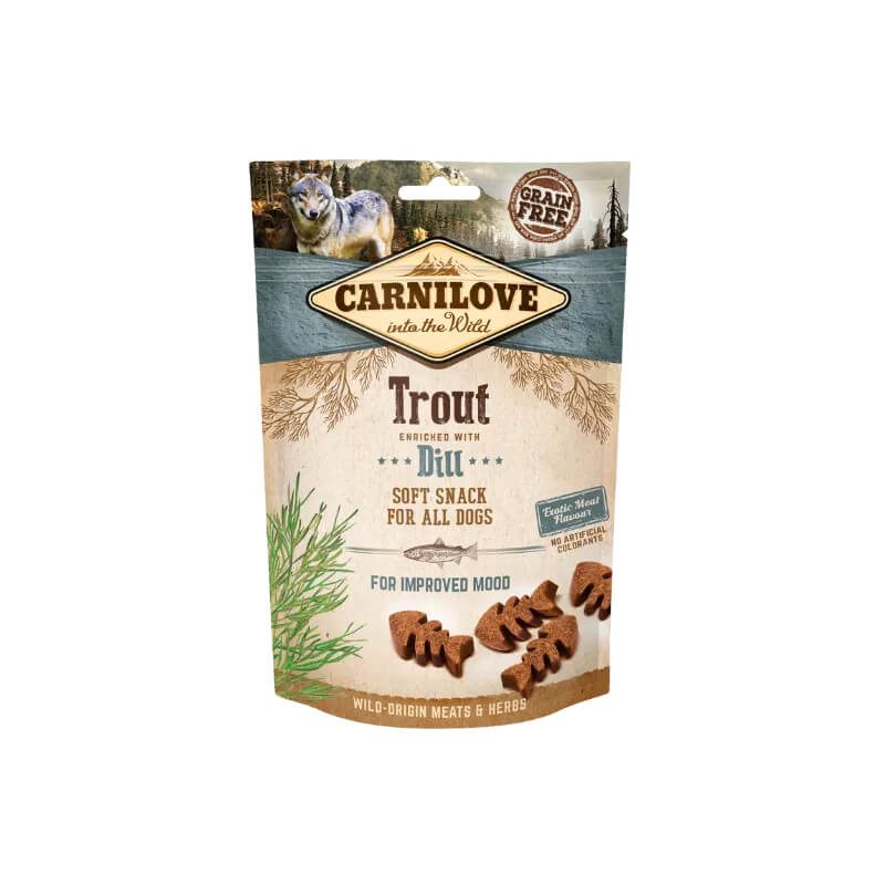 Carnilove Trout with Dill Soft Dog Treats 200g—grain-free, featuring wolf and forest graphics.