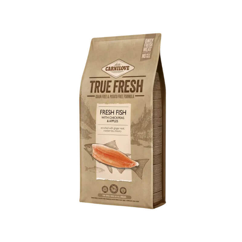 Carnilove True Fresh Fish Adult Dog Dry Food with chickpeas and apples on the packaging.