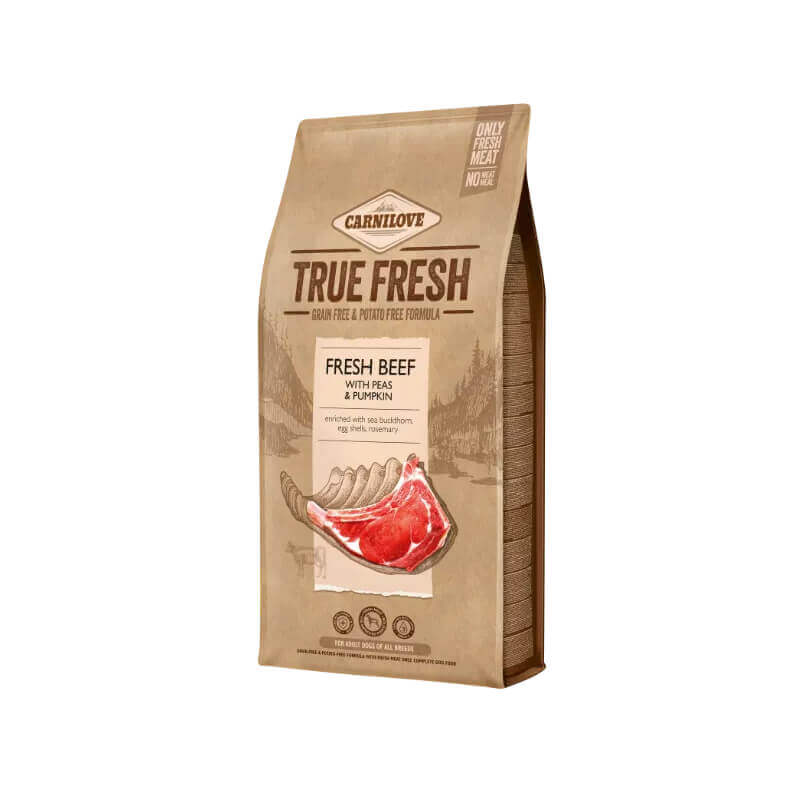 Carnilove True Fresh Beef Adult Dog Dry Food with illustrated beef ribs on the packaging.
