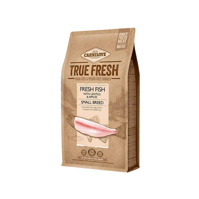 Carnilove True Fresh Fish Adult Small Breed Dog Dry Food, made with fresh fish and lentils.