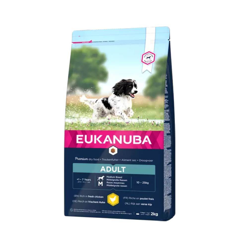 Eukanuba Active Adult Medium Breed dry dog food, featuring a running dog on the packaging.
