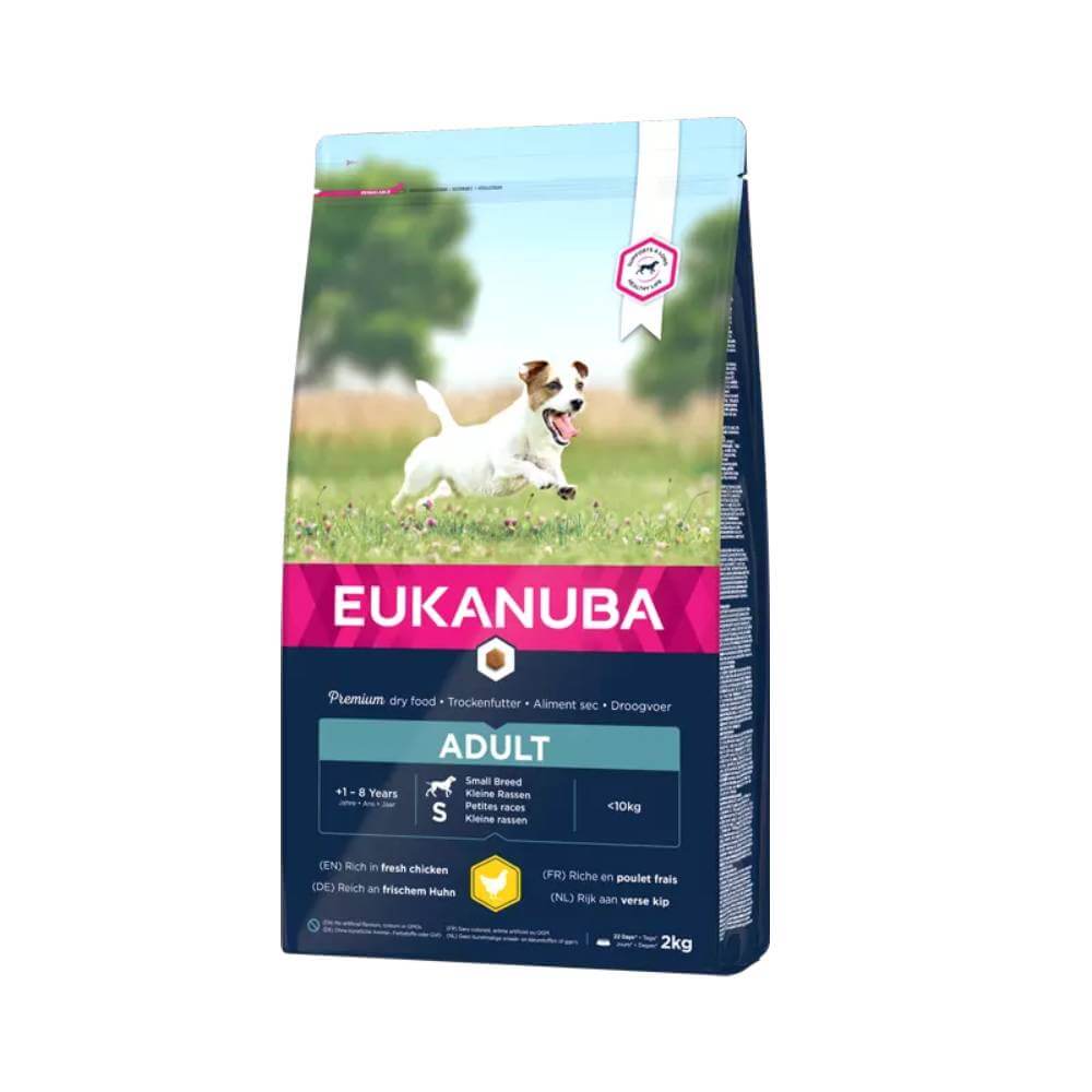 Eukanuba Active Adult Small Breed bag with a running dog image on the front.