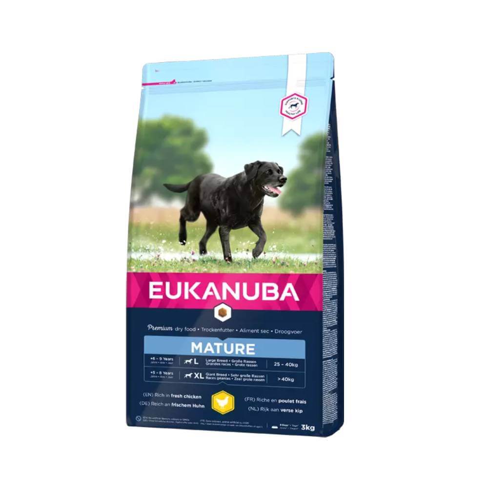 Eukanuba Thriving Mature Large Breed Chicken 12kg dog food with running black dog on bag.
