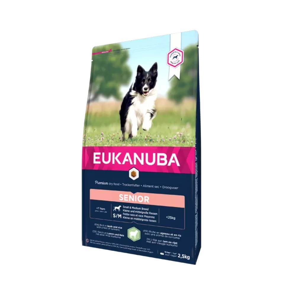 Eukanuba Senior Small/Medium Breed Lamb &amp; Rice bag with a running Border Collie on front.