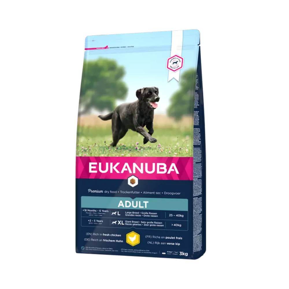 Eukanuba Active Adult Large Breed dog food features a running black dog on the front.