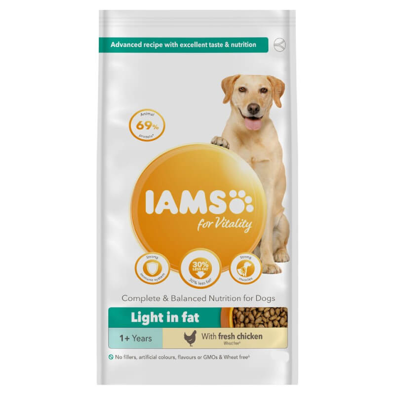 Iams Vitality Light Chicken dog food for healthy digestion, with a golden dog on the pack.