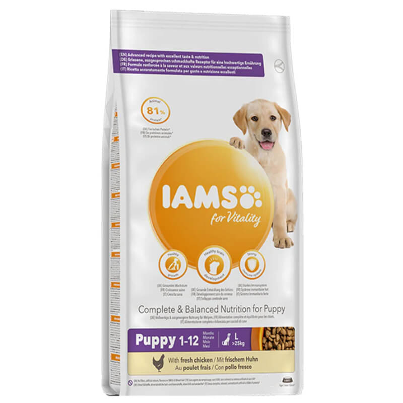 Iams Vitality Puppy Large Breed Chicken food with a yellow lab puppy and nutrition icons on pack.
