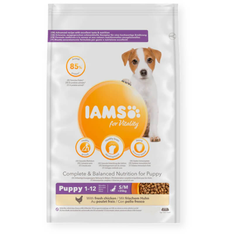 Iams Vitality Puppy Small/Medium Chicken aids vitality for small/medium breeds; orange bag logo.