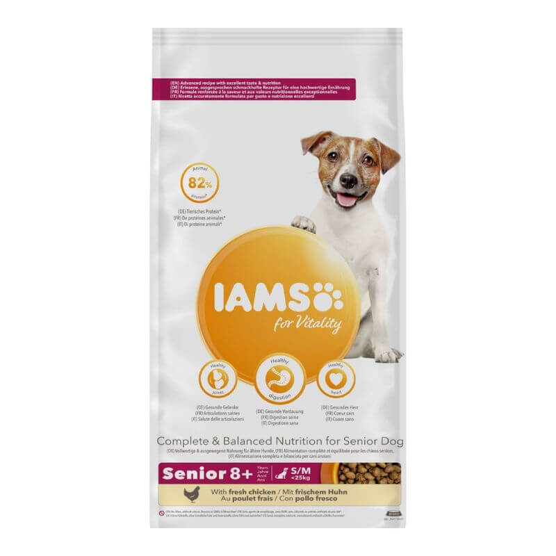 Bag of Iams Vitality Senior Small/Medium Breed Chicken dog food with large orange logo.