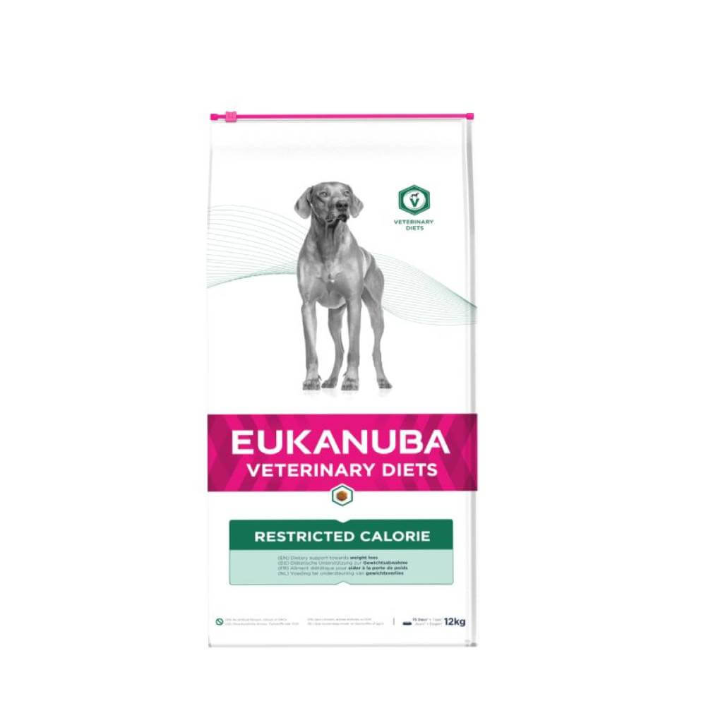 A bag of Eukanuba Canine Restricted Calorie dog food for weight management.