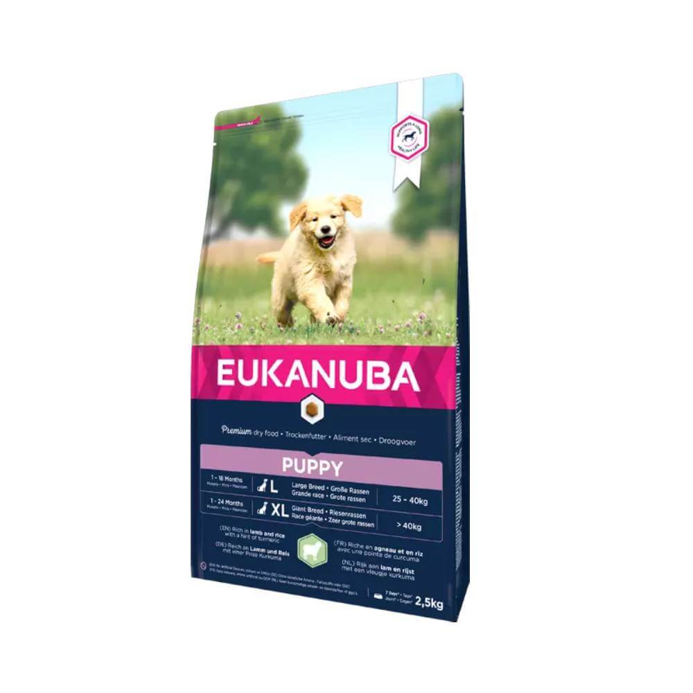 Bag of Eukanuba Growing Puppy Large Breed dog food featuring a happy puppy on the front.