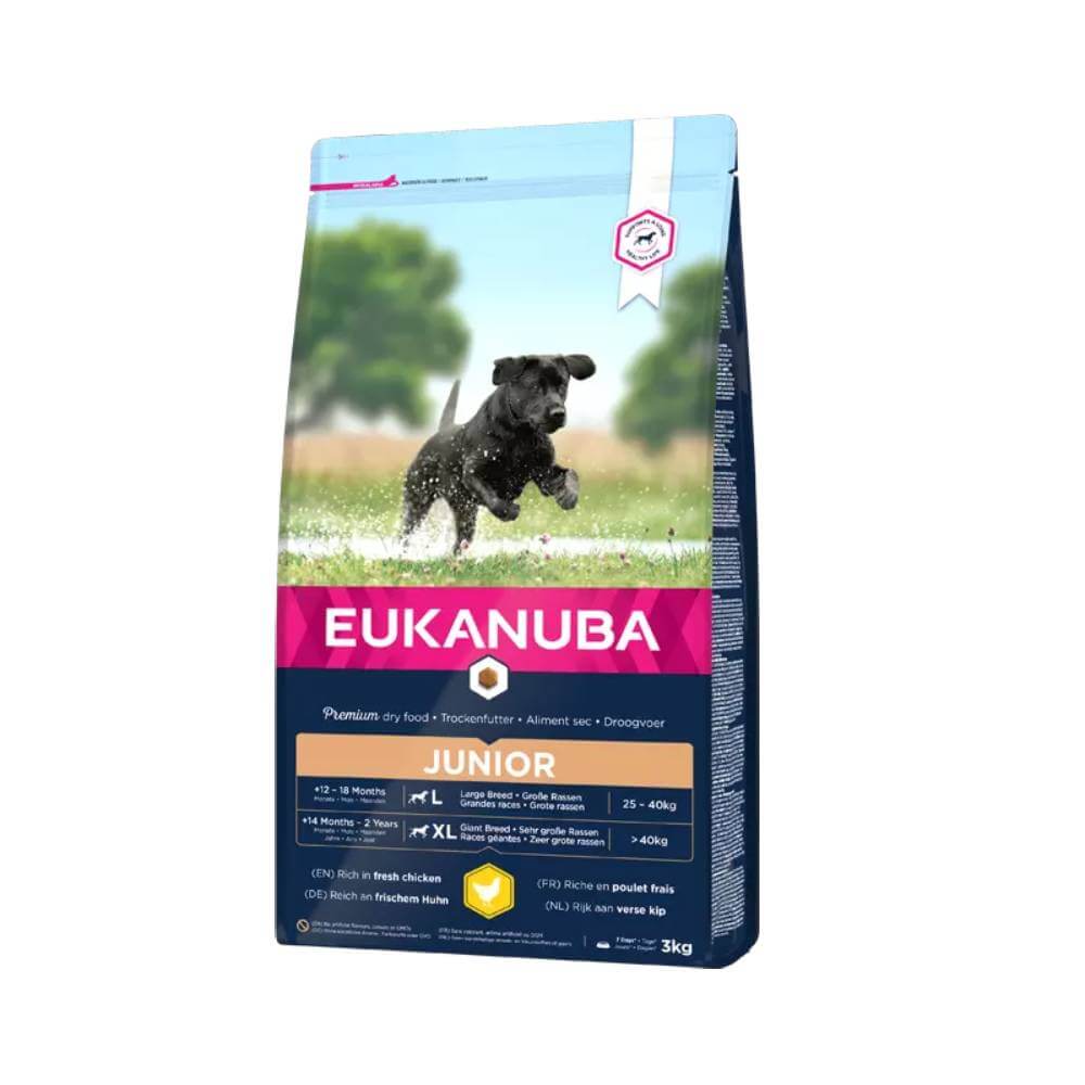 Eukanuba Developing Junior dog food bag with a black puppy running on the front label.