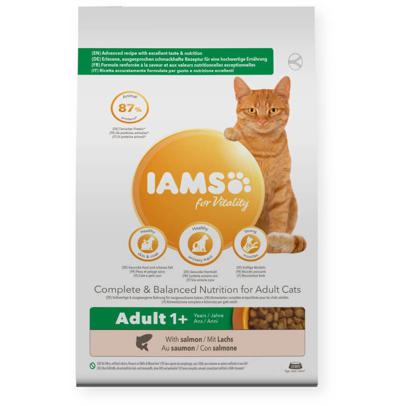 Iams Cat: Vitality Cat Food for adults, high protein, salmon flavor, ginger cat label.