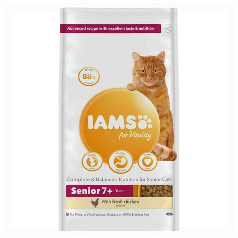 Iams Cat Vitality dry food for seniors 7+ with chicken, shown with an orange cat on the bag.