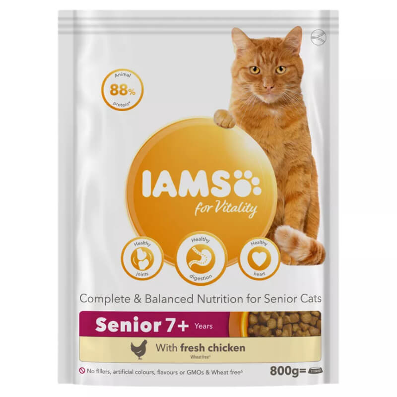 Iams Cat Vitality Senior Chicken 800g with digestive health highlights and orange cat on pack.