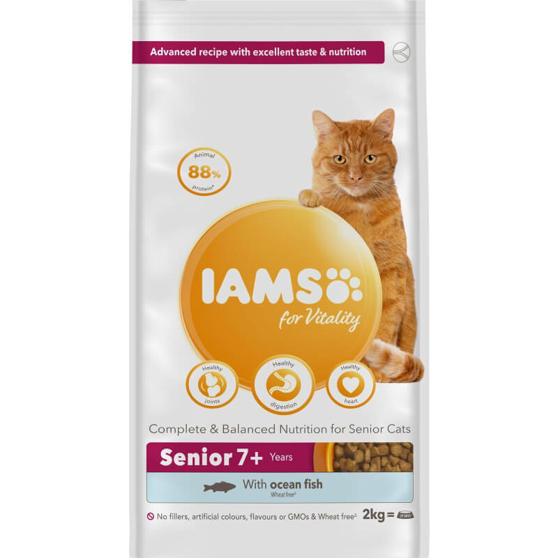 Iams Cat Vitality Senior Ocean Fish 2kg bag with orange cat on label.