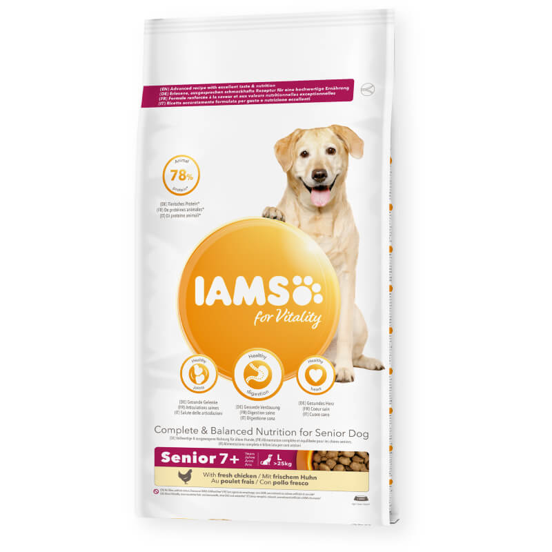 Iams Vitality Senior Large Breed Chicken dog food for senior dogs.