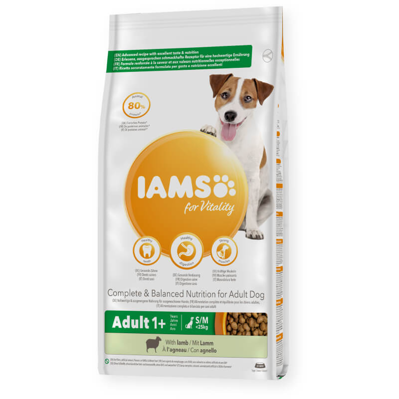 Iams Vitality Adult Small/Medium Breed Lamb dog food with nutrition info on the pack.