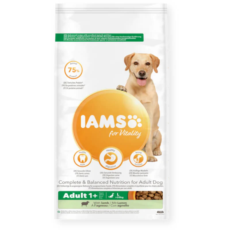 Iams Vitality Adult Large Breed Lamb dog food, branded Iams, with a golden dog and orange logo.