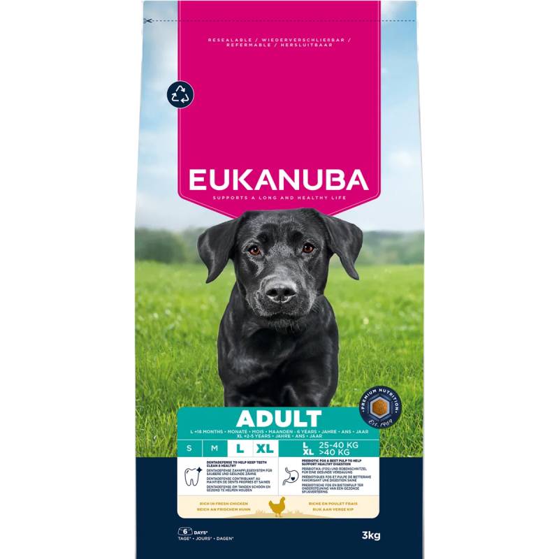 Eukanuba Adult Large Breed Chicken dog food bag with a black dog and green field.