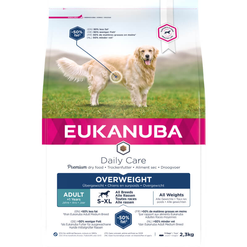 Eukanuba Daily Care Canine Overweight 2.3kg supports healthy weight management for dogs.