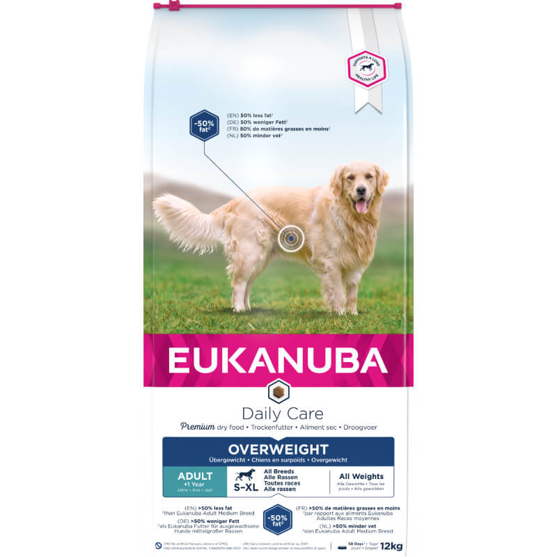 Golden retriever on Eukanuba Daily Care Canine Overweight, 12kg bag.