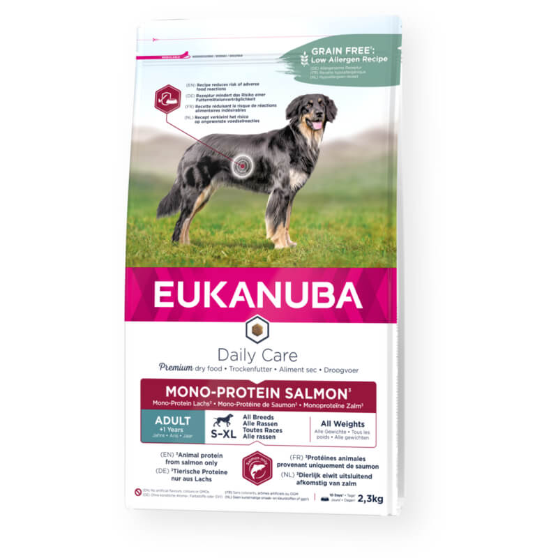 Eukanuba Adult Dog Mono-Protein Salmon supports healthy digestion for all breeds.