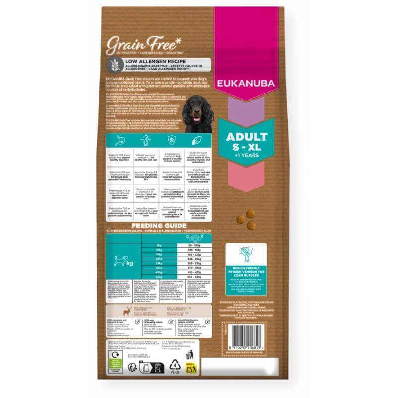 Back of Eukanuba Adult Dog Grain Free Venison bag with feeding guide.
