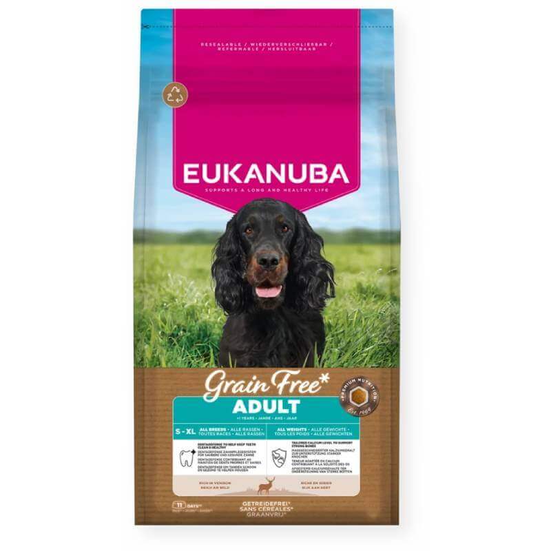 Eukanuba Adult Grain Free Venison dog food for sensitive stomachs, black dog on the pack.
