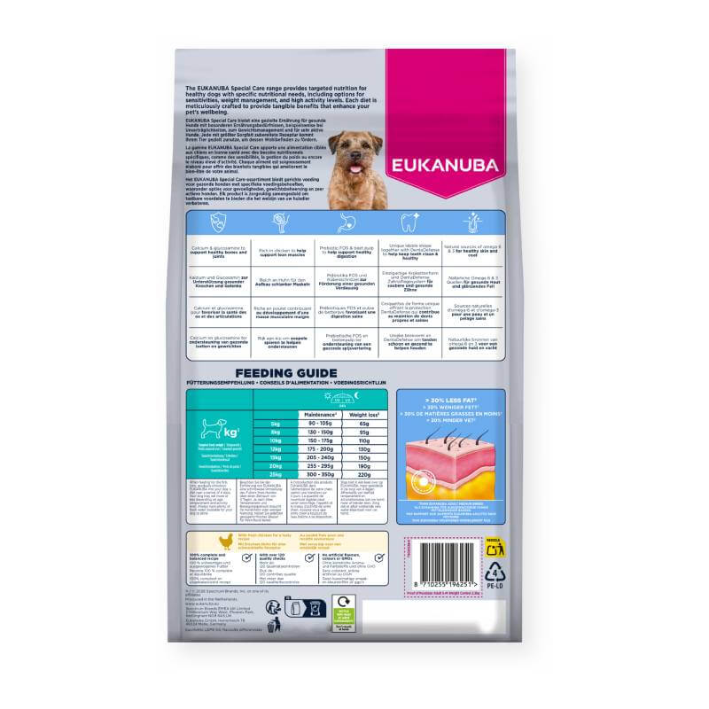 Back of Eukanuba Dog Adult Weight Control Medium Breed 12kg with feeding guide and weight info.