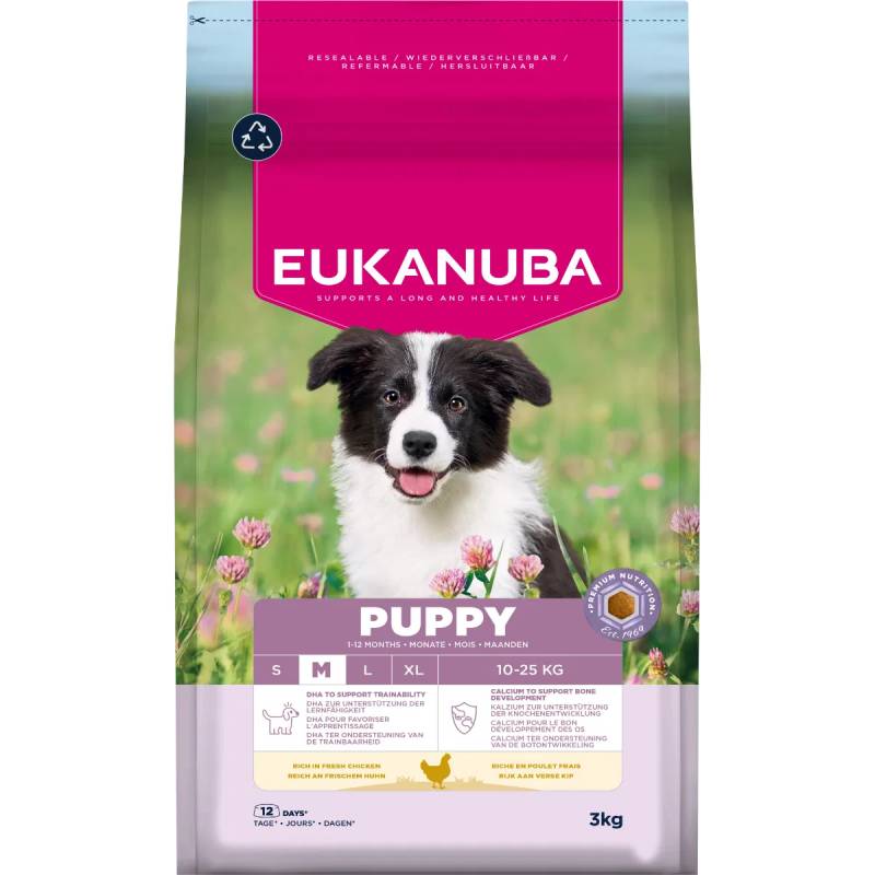 Eukanuba Puppy Medium Breed Chicken bag with a black and white puppy in a clover field.