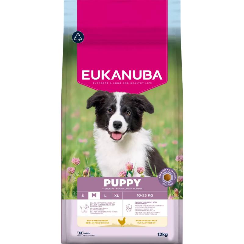 Eukanuba Puppy Medium Breed Chicken bag with a black and white puppy on the front.