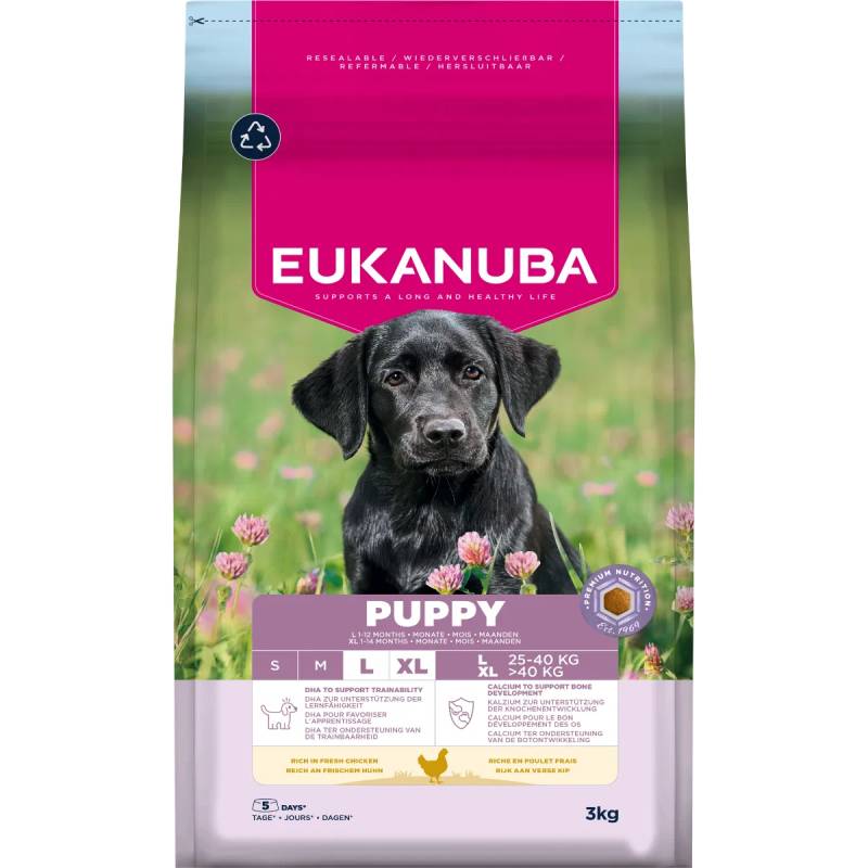 Eukanuba Puppy Large Breed dry food bag on a grassy field with pink flowers.